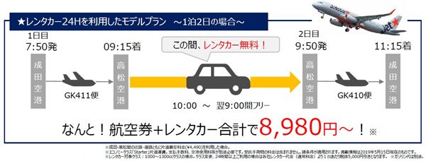 成田発高松行き早朝便利用でレンタカー24時間無料　先着300台限定