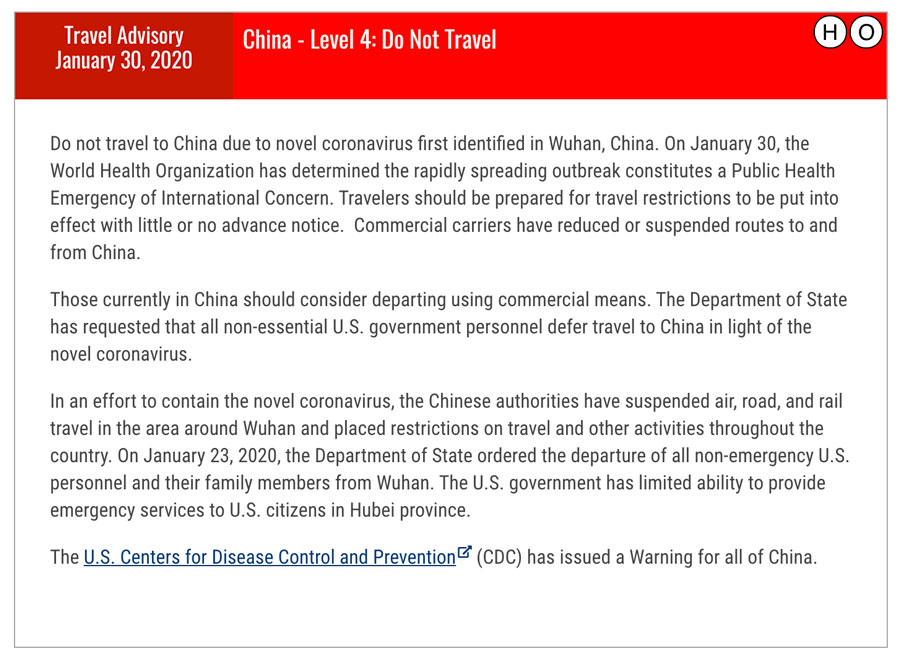 アメリカ国務省、中国への渡航情報「渡航禁止」に