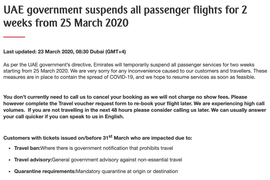 エミレーツ航空、全ての旅客便の運航停止　UAE政府指示、3月25日から