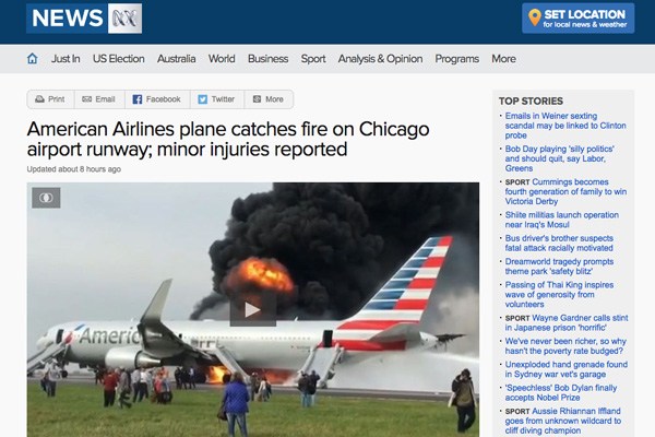 アメリカン航空機、シカゴで炎上　離陸滑走時に爆発音