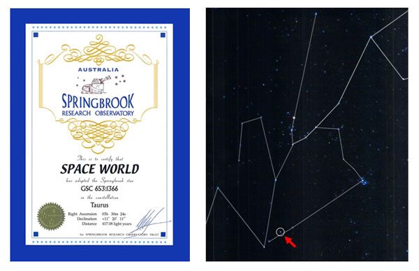 スペースワールド、星の命名権取得　「SPACE WORLD」と命名