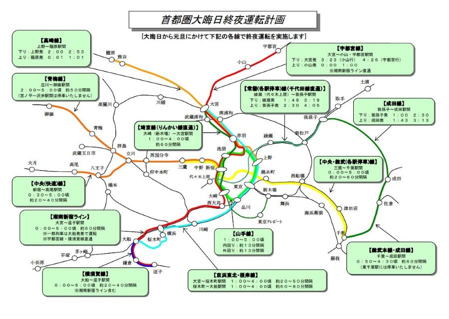 JR東日本、今年度も年末年始に首都圏12路線で終夜運転